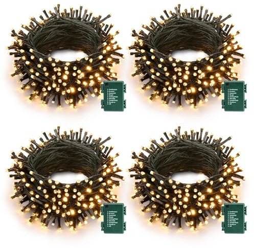 Joomer Luci Natale Esterno Batteria, 5M 50 LED Catena Luminosa Esterno Natalizia con Timer 8 Modi Luci Natalizie da Interno Decorazioni per Balcone Casa Feste Matrimonio(4 Pezzi, Bianco Caldo)