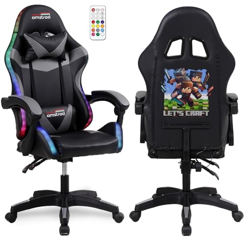 Amstrad AMS-900-LED-CRAFTER - Fauteuil Gaming Noir et Gris - Serigraphie Crafter - Eclairage LED 366 Effets - Télécommande