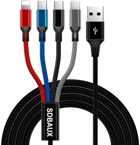 SDBAUX Multi USB Kabel, [3A 1.2M] Flätad Multi 4-i-1 Laddningskabel, med 2*Typ C/Phone/Micro USB Portar, för iOS Telefon, Android Samsung Galaxy S25 S24 S23, LG, Hoor View, Moto, Oneplus, Sony, PS5