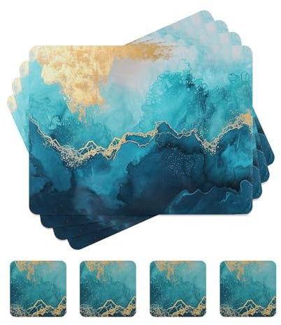 fanquare Manteles Individuales de Corcho Rectangulares y Posavasos Juego de 4 Azul Tinta y Lavado Pintura Mármol para Mesa Impermeable Resistente al Calor para del Hogar