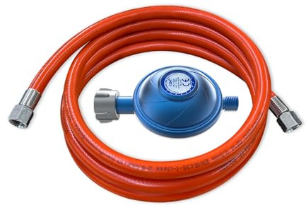 CAMPLUX GE100C Gasdruckregler 50mbar mit 200 cm Schlauch, W21,8 × 1/14 LH auf G1/4-LH, 1,7 kg/h Durchflussleistung, Gasregler für Gasgrill, Kocher und Heizgeräte