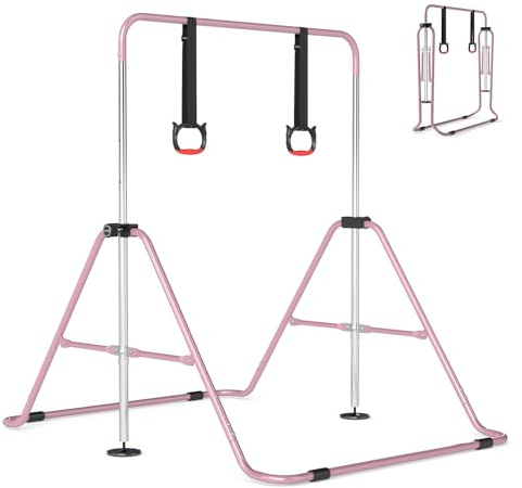 GYMAX Gymnastik Turnreck Indoor, faltbares Gymnastikstange mit Ringen & Verstellbarer Höhen, Turnstange Kinder, Reckstange, Heimtrainingsgerät für 3-12 Jahre alte Kinder
