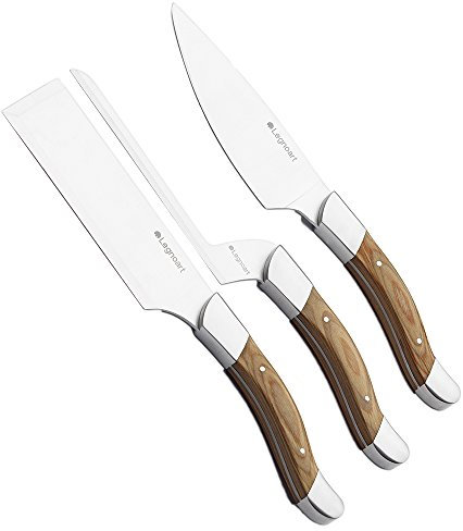 Legnoart Juego de 3 cuchillos para queso Fromager de acero inoxidable con mango ligero de madera maciza en caja de lujo