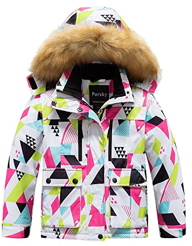 Pursky Youth Snow Jacket Kids Ski Girls Waterproof Hooded Fleece Lined Windproof Winter Geometry 8