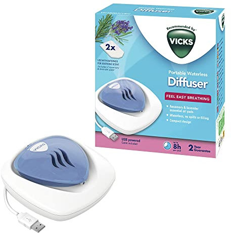 Vicks Portable Waterless Diffuser - USB Plug-In - Easy Breathing - Nightlight Feature - Essential Oil Pads Included - For Children's Bedrooms and Babies Nurseries - VH1800JUVEU, Pack of 1 , White