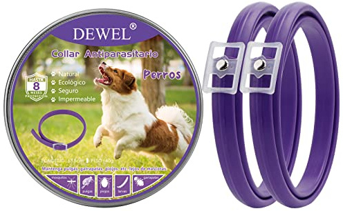DEWEL Set de 2 Collar Antipulgas Perros, Protección Efectiva de 8 Meses, Collar contra Pulgas Garrapatas Mosquitos y Piojos, Natural y Seguro para Perros Grandes, Medianos y Pequeños, Morado, 63.5cm