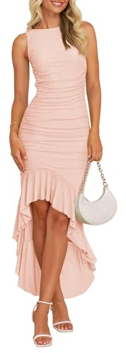 ZESICA Women's 2025 Summer Ruched Bodycon Dress Sleeveless Backless Ruffle Mermaid Cocktail Wedding Party Dresses,Pink,Small