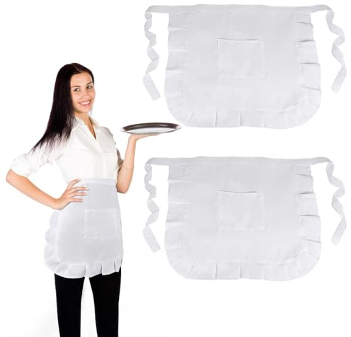 AILUYA 2 Stück Weiße Taillenschürze, Verstellbare Kleine Halbe Schürze mit 1 Taschen, Rüschen Waist Apron, Kochschürze Geeignet für Mädchen, Damen, Köche und Kellner zum Kochen, Reinigen, Malen