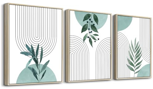 hyidecorart Marco Madera Boho Verde Salvia Cuadros Decoracion Salon Modernos, 3 Piezas Líneas Abstractas Simplicidad Nórdica Hojas de Plantas Dormitorio Cocina Comedor Oficina y Baño