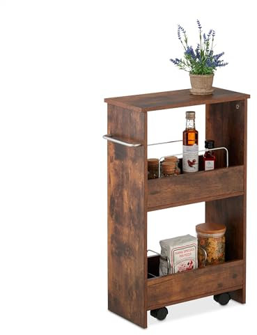 Relaxdays Nischenwagen, 3 Etagen, schmales Nischenregal für Küche & Bad, HxBxT: 66,5 x 42 x 20 cm, Rollregal, braun