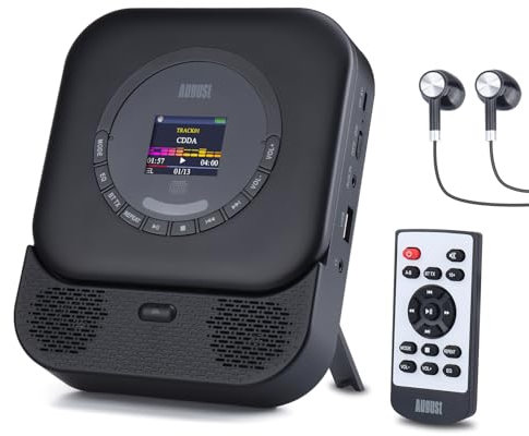 August SE15 Tragbarer Bluetooth 5.3 CD Player mit Lautsprecher 3,5mm Audio In/Out Wiederaufladbar CD Spieler mit USB/Equalizer/Überspringschutz/Wiederholungsmodus/Wandhalterung/Ohrhörer&Fernbedienung