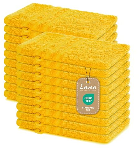 Lavea Serie Elena - Manoplas de baño Premium de 100% algodón, Alta absorción, Tacto Suave, Secado rápido, Resistente, Ideal para baño, SPA y hogar, tamaño 15 x 21 cm - Amarillo Colza