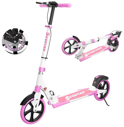 MEE GOO Trottinette pour adulte avec frein à disque et double amortisseur, roues en polyuréthane de 200 mm, roulement à billes ABEC-7, plateau antidérapant (rose/blanc/bleu), charge maximale : 100 kg