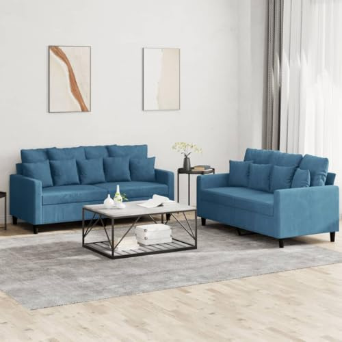 Homgoday 2-TLG. Sofagarnitur mit Kissen Sofa Couch Polstersofa Loungesofa Gästesofa Wohnzimmersofa Sitzmöbel Sofa für Wohnzimmer Büro Empfang Blau Samt