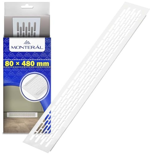 Air Vent Cover 80 x 480 mm White Aluminium Ventilation Grill | for Installation in Furniture Kitchen Plinth Radiator Cupboard Wardrobe Worktop Fridge - Warranty 10 Years - MONTERAL