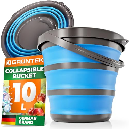 GRÜNTEK Hopfällbar hink 10 L, platsbesparande, hopvikbar putshink 32 cm, hopvikbar tvättbehållare för hushåll, camping, trädgård, biltvätt, klapphink, klappbar tvättskål Blå