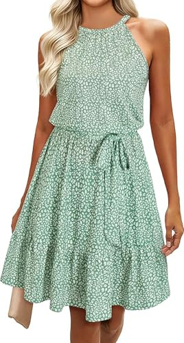 BDTECAOR Sommarklänning, dam, knälång, elegant, halterneck, klänning, blommönster, volang, fritidsklänningar med fickor, Blommig 01, M