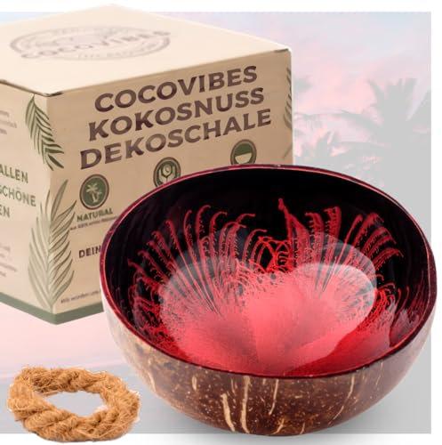 cocovibes Kokosnuss Schale Deko Flur Holzschale Schlüsselablage Schmuckschale, ∅13 cm, rot-schwarz