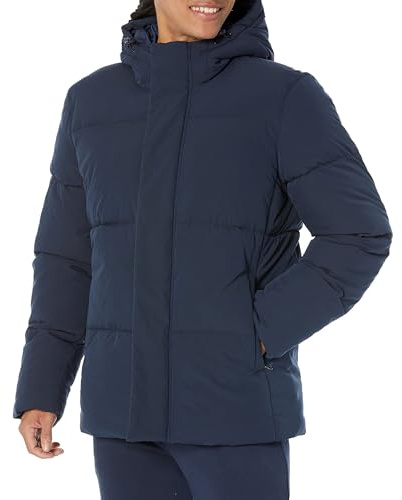 Amazon Essentials Abrigo Acolchado con Capucha de Longitud Media para Hombre (Disponible en Tallas Grandes y Altas), Azul Marino, Talla M