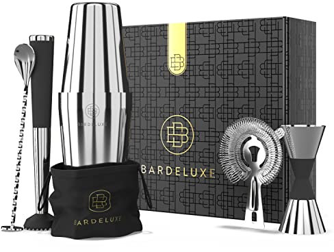BarDeluxe® Boston Shaker Set 5-teilig, Barkeeper Set, Cocktail Mix Set - 750ml Cocktailshaker Boston, Cocktail Set Edelstahl, Cocktail Zubehör - Luxus Geschenkset, Tasche & Rezeptbuch (Silber)