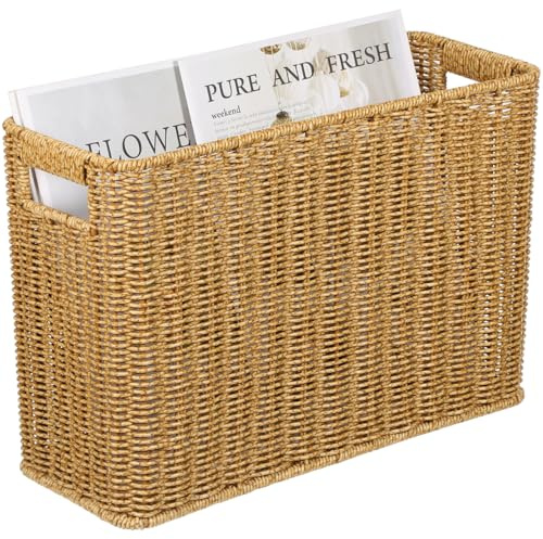 Happyyami Cesta de revistas tejida a mano, cesta de mimbre de ratán, soporte para revistas, cestas de almacenamiento de escritorio con asa para baño y oficina