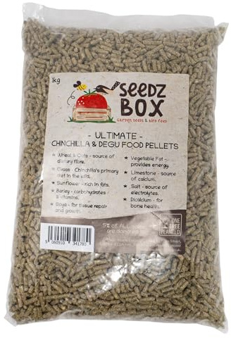 Chinchilla & Degu Food Pellets 1kg - Complementary Feeding stuff For Chinchillas & Degus - Feed To Appetite With Hay & Water - Wheat, Oats, Grass, Sunflower, Barley, Limestone, Binder - Seedzbox