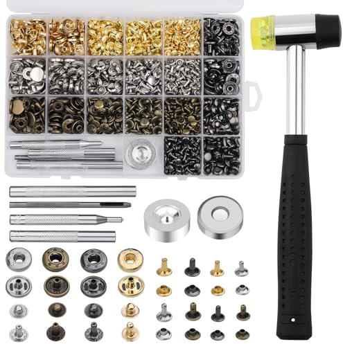 380 Stück Leder Nieten Set, Nieten für Leder, Druckknopf Set mit Fixierwerkzeug Kit, Nylonhammer, Druckknöpfe Metall für DIY Lederhandwerk, Kleidung, Schuhe, Jacke