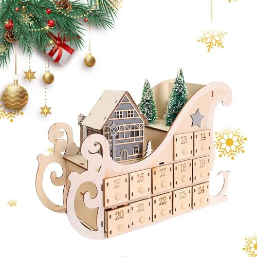 Xmas Holz Adventskalender mit 24 Schubladen LED beleuchtet Weihnachten Adventskalender mit Musik Leerer Adventskalender zum Selbstbefüllen Countdown für Kinder Weihnachten Urlaub Dekorationen (B)