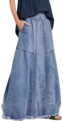 Vhersily Falda vaquera larga cintura alta A-Line plisada con bolsillos elegante casual para mujer de jeans de cintura alta, Slim Fit, línea A, maxi falda, Azul claro, XXL