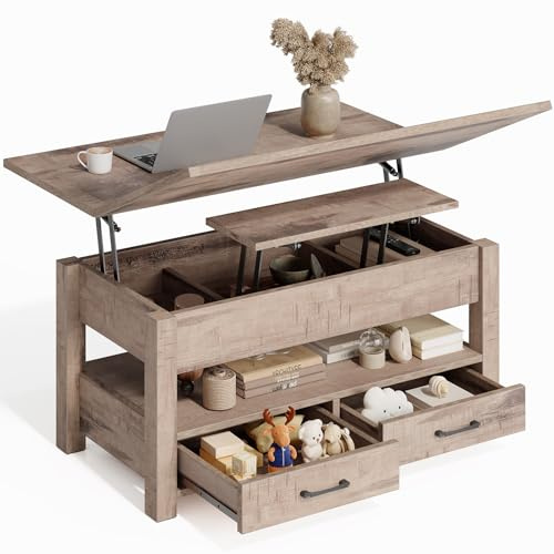 Rolanstar Lift Top Coffee Table with 2 Drawers, 100 x 50 cm Height Adjustable Centre Table with Hidden Storage, Rising Wooden Coffee Table for Living Room & Home Office, Space Saving (Oak)