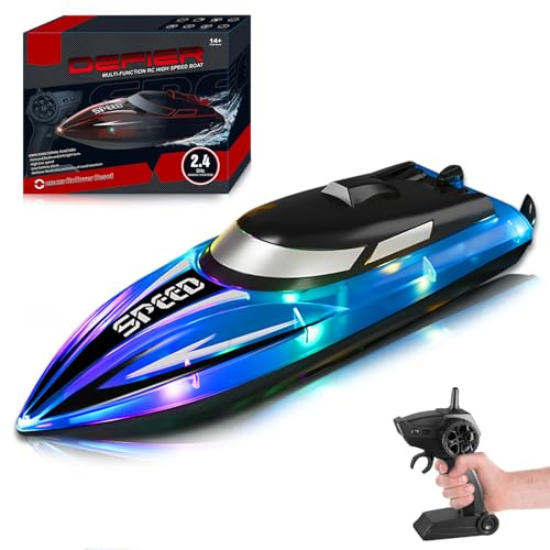 RoserRose Barca telecomandata, barca radiocomandata con illuminazione a LED, telecomando da 2,4 G, doppio motore, impermeabile e protezione contro il ribaltamento, per bambini, con 2 batterie per mari