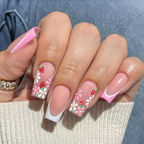 Shimmerz 24 Pezzi Unghie Finte Lunghe Quadrate in Stile Francese Rosa, Nail Art Squoval con Motivo di Fiori e Fragole per Donne e Ragazze
