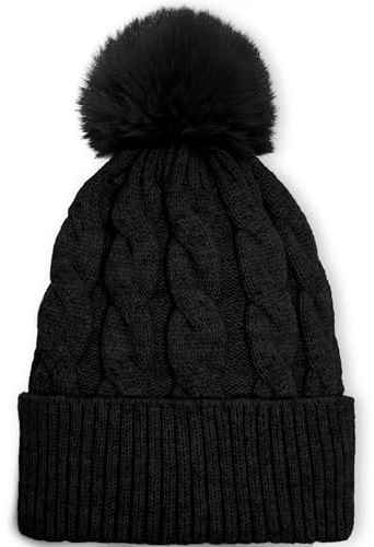 TAROSE Womens Winter Hat Beanie, Warm Soft Hat for Women Pompom Knit Hats Ski Cap with Faux Fur Lined (Black)