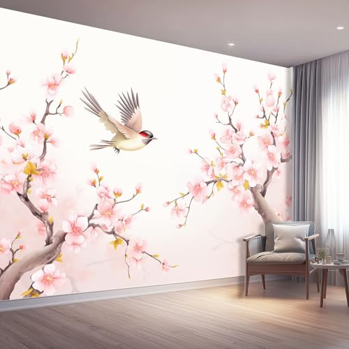 Dipinti A Mano Piante Fiori Di Pesco Uccelli Carta da parati fotografica Rosa, 200 x 140 cm Fotomurali Non Tessuto, Decorazione Poster Arte Murale Moderna per Casa Ufficio Camera Da Letto Soggiorno