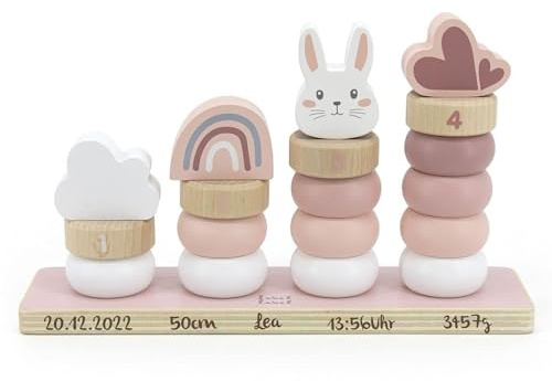 Personalisierbares Holz-Stapelspiel Hase Rosa – fördert Feinmotorik & Hand-Augen-Koordination – für Kinder ab 18 Monaten – personalisiert mit Name und Geburtsdaten – Label Label