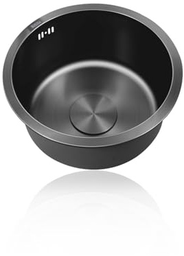 Fregadero de cocina compacto negro redondo de 1 lavabo de acero inoxidable para barco y camping, montaje inferior e instalación de caída (Ø 25 cm)