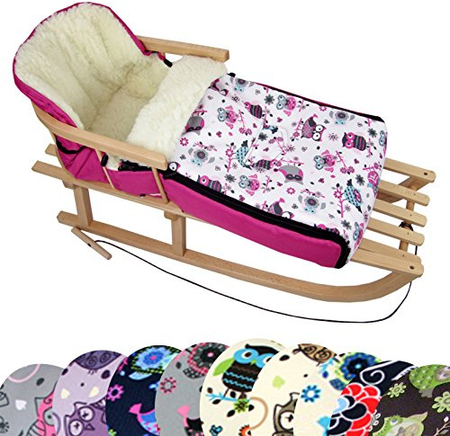 BAMBINIWELT Kombi-Angebot Holz-Schlitten mit Rückenlehne & Zugseil + universaler Winterfußsack (108cm), auch geeignet für Babyschale, Kinderwagen, Buggy, aus Wolle im Eulendesign