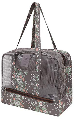 Sac de Natation avec Compartiments Secs et Humides Séparé Sac à Main de Voyage Plage en Oxford Étanche Pochette de Rangement en Maille Sacoche de Sport Piscine Gymnase Trousse de Toilette Maquillage
