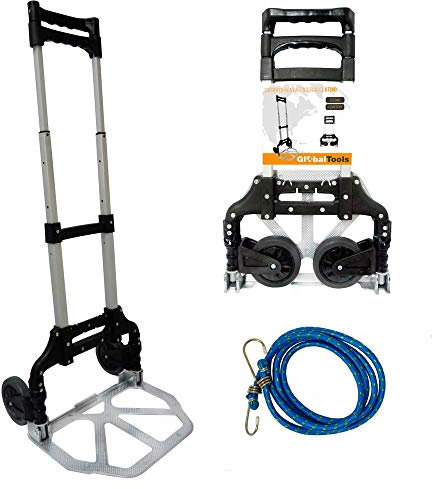 Globalmix Carretilla de Carga Plegable de Aluminio Capacidad 80kg 176lbs con Elástico - Carrito para Viajes, Mudanza con Asa Telescópica