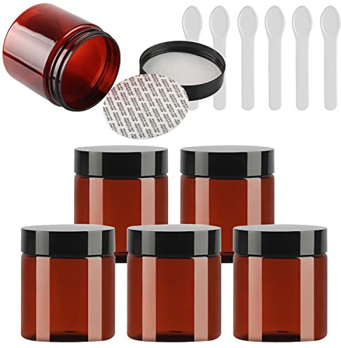 TIANZD 6 Pieces Empty 200ml Brown Plastic Cosmetic Jars with Black Screw Lid 200g Small Pot for Cosmetic Travel Homemade Cream Gel Lip Balm Salve Storage Containers+ 6x Spatula
