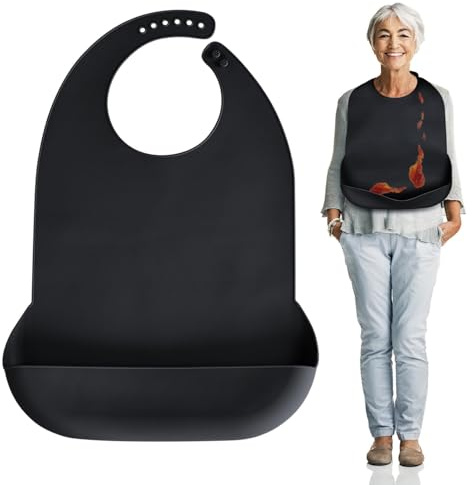 Kinggrand Kitchen Adult Bibs for Men, Women, Elderly- Silicone Adult Bib for Eating - Washable Bibs with Crumb Catcher (Black)