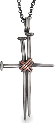 Pendentif Croix Homme Forgé à partir de Trois Clous Sacrés Liés par Fil de Fer - Symbole Puissant de Foi et Sacrifice en Argent Sterling Oxydé sur Chaîne Rolo - Fait Main par Emmanuela