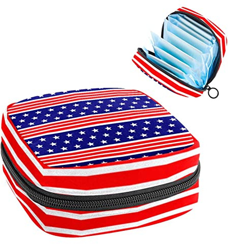 Tragbare Tasche mit USA-Flagge, blau-roter Sterne, gestreift, Tampon-Aufbewahrungstasche für Damenbinden, Mehrfarbig, 4.7x6.6x6.6 in/12x17x17 cm