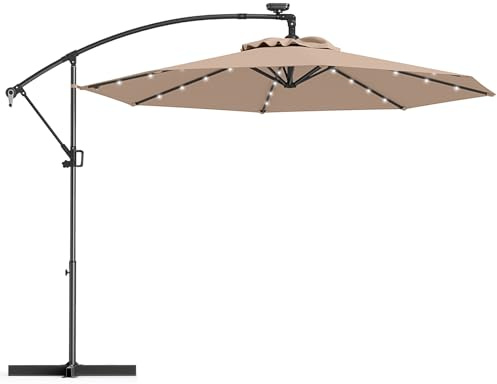 RELAX4LIFE Ombrellone da Giardino 3x3M con 32 Luci LED, Rotazione a 360° e Inclinazione Regolabile, Ombrellone da Balcone per Giardino Terrazzo e Patio (Caffè)