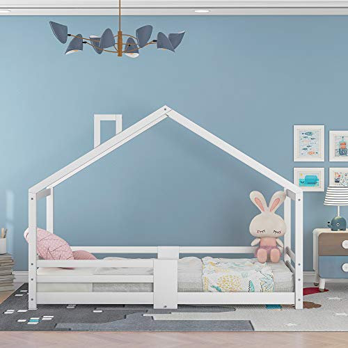 I0I&I0I Kinderbett Hausbett mit Schornstein & Rausfallschutz | Robustes Kiefernholz | 90x200 cm | Für 5-10 Jahre | Ohne Matratze | Haus Bett for Kids (Weiss 2)