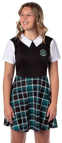 Harry Potter-kostym klänning cosplay rutig kjol klänningar för kvinnor juniorer, alla 4 Hogwarts hus tillgängliga, Slytherin, XL