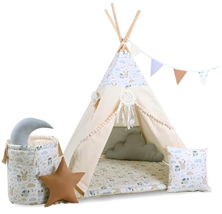 Rainbow Kids Zelt Kinderzimmer | Kinderzelt Indoor & Im Freien Klassisches Baumwolle Leinwand Spielzelt | Perfekte Dekoration Touch | Langlebiges Design- Eulchen und Hasi mit Zubehör
