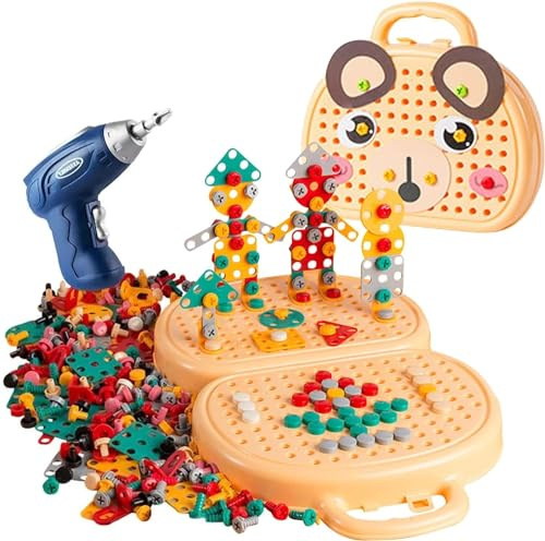 Starnearby Magic Montessori Play Toolbox Bear Electric Drill Toy Set for Kids Puzzle Box Kids Tool Set Kids Drill and Screw Set Creative Toys for 3 4 5 Year Olds (Dog)
