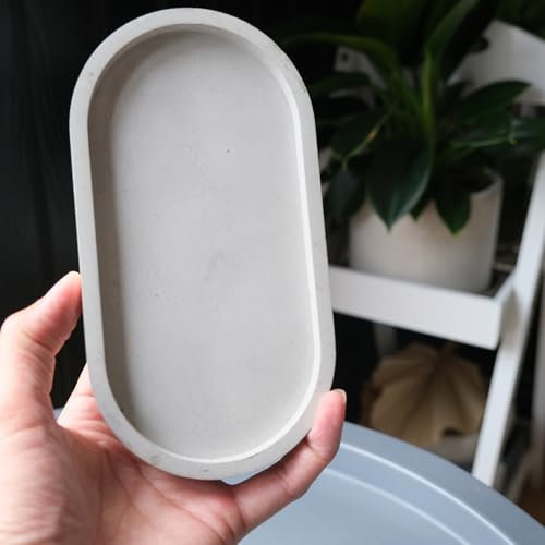 Ovale Schmuckschale aus Beton, handgefertigter Kerzenständer, Zement-Tropftablett, Pflanzgefäß, Schmuck-Organizer, Ringhalter, Badezimmer-Kosmetik-Aufbewahrungstablett, minimalistisches Design (Grau)