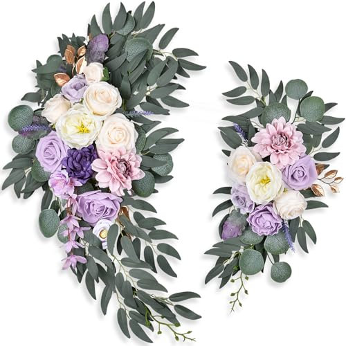 DearHouse Künstliche Blumengirlande 2er Set, Hochzeit Willkommensschilder Blumendekoration für Empfang, Zeremonie, künstliche Blumengirlande mit Blumen und Blättern (Lila & Rosa)